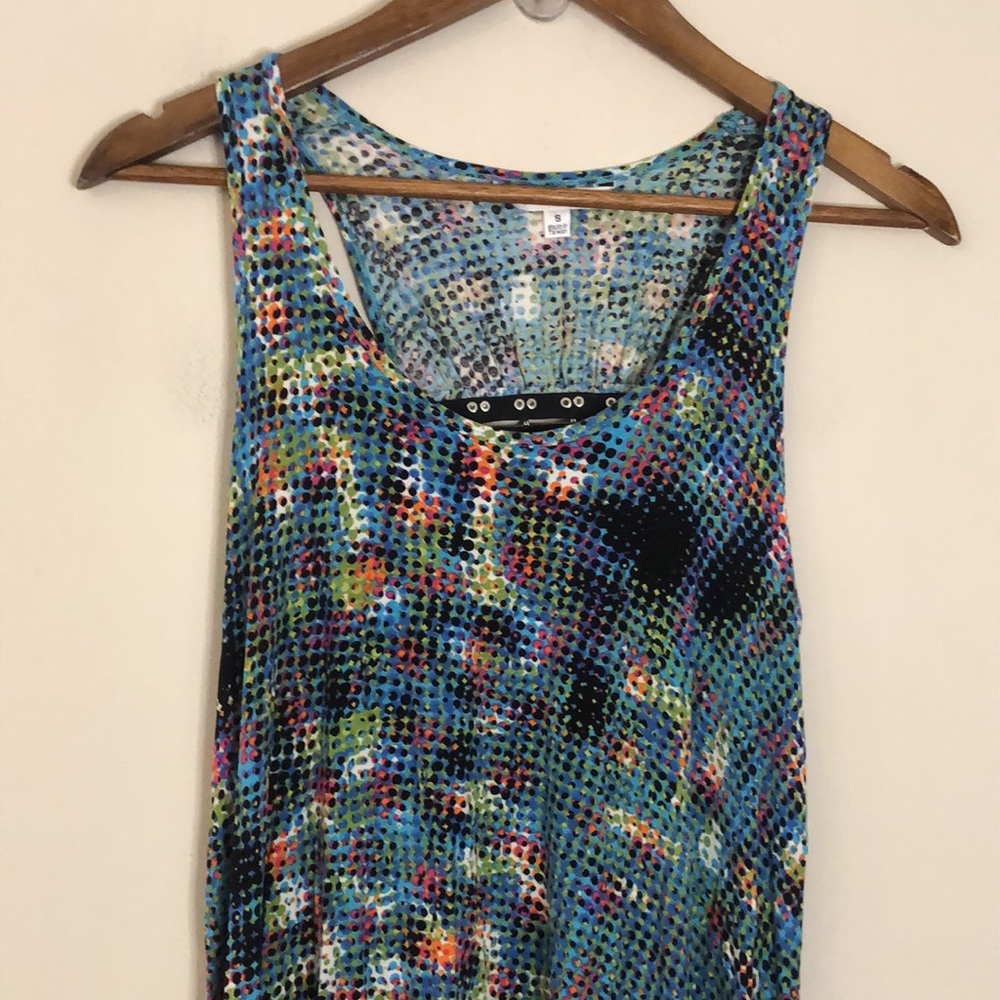 CAbi colorful Abstract midi tank dress beach coverup metal decor detail SZ Small